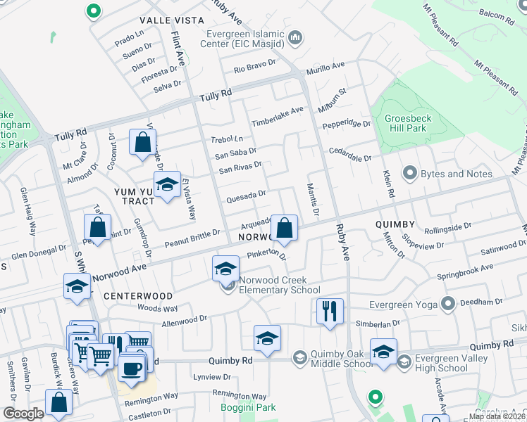 map of restaurants, bars, coffee shops, grocery stores, and more near 3314 Cerrito Way in San Jose