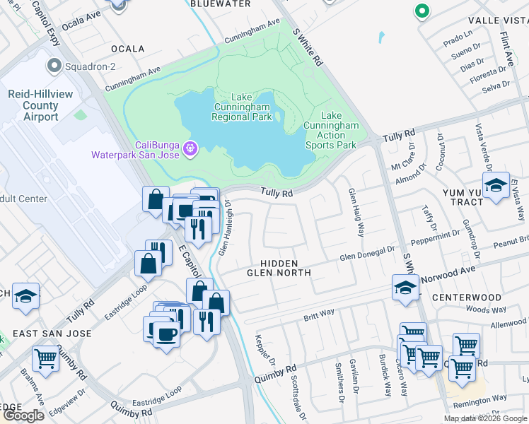 map of restaurants, bars, coffee shops, grocery stores, and more near 2439 Glen Exeter Way in San Jose