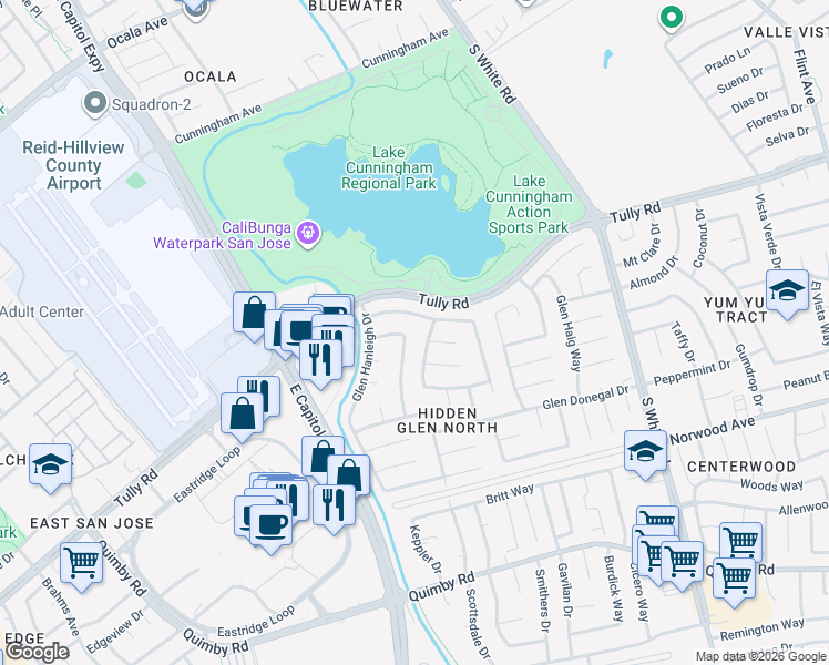 map of restaurants, bars, coffee shops, grocery stores, and more near 2439 Glen Exeter Way in San Jose