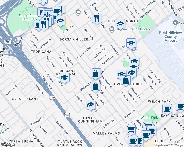 map of restaurants, bars, coffee shops, grocery stores, and more near 1765 Orlando Drive in San Jose