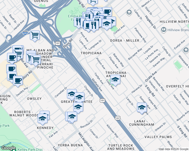 map of restaurants, bars, coffee shops, grocery stores, and more near 1512 Midfield Avenue in San Jose