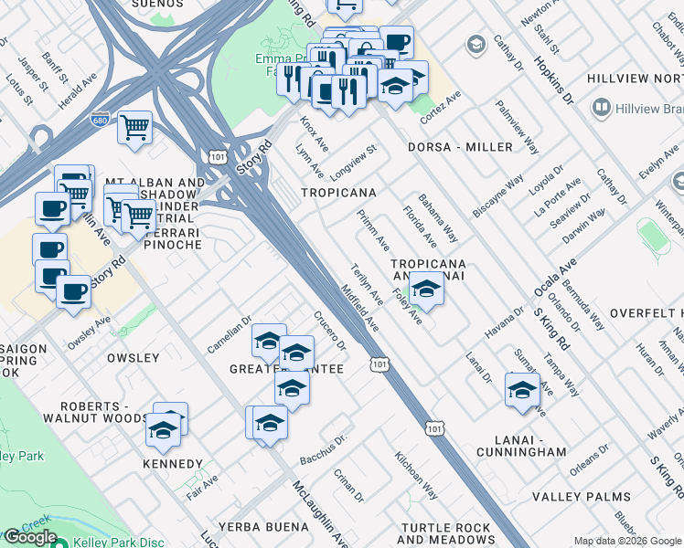 map of restaurants, bars, coffee shops, grocery stores, and more near 1512 Midfield Avenue in San Jose