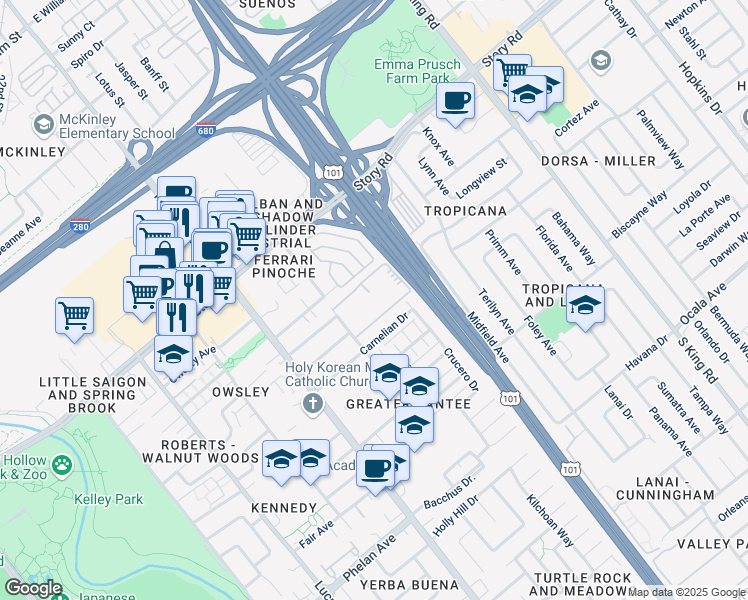 map of restaurants, bars, coffee shops, grocery stores, and more near 1300 Santee Drive in San Jose