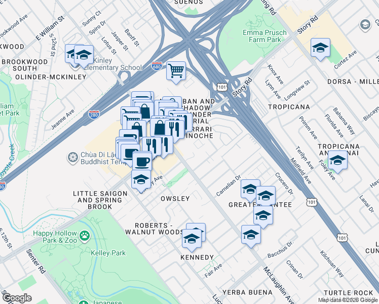 map of restaurants, bars, coffee shops, grocery stores, and more near 1164b McLaughlin Avenue in San Jose