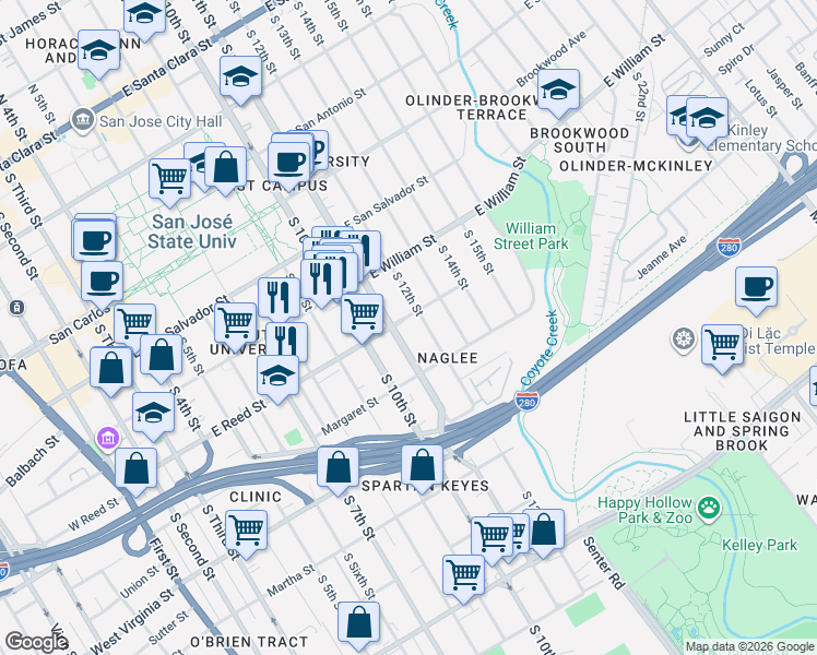 map of restaurants, bars, coffee shops, grocery stores, and more near in San Jose