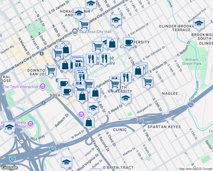 map of restaurants, bars, coffee shops, grocery stores, and more near 230 East San Salvador Street in San Jose
