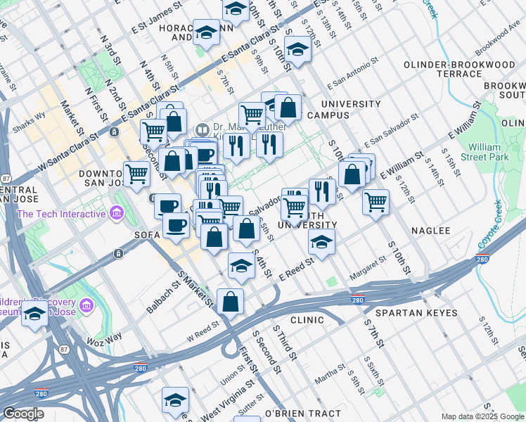 map of restaurants, bars, coffee shops, grocery stores, and more near 230 East San Salvador Street in San Jose