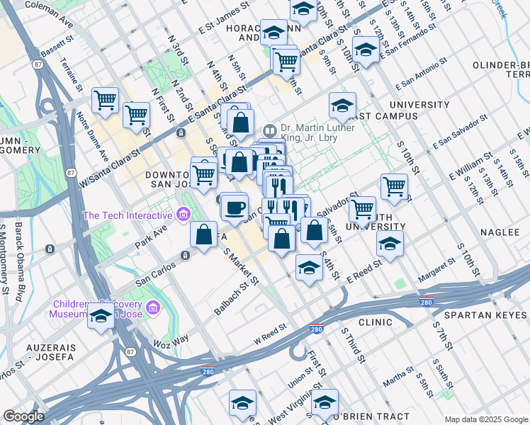 map of restaurants, bars, coffee shops, grocery stores, and more near 308 South 2nd Street in San Jose