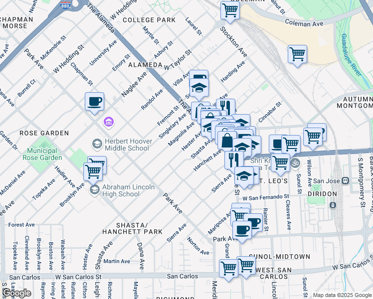 map of restaurants, bars, coffee shops, grocery stores, and more near 1197 Shasta Avenue in San Jose