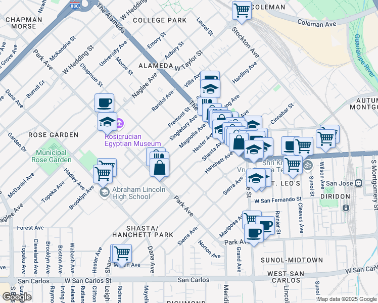 map of restaurants, bars, coffee shops, grocery stores, and more near 1247 Hester Avenue in San Jose