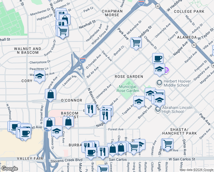 map of restaurants, bars, coffee shops, grocery stores, and more near 1781 University Avenue in San Jose