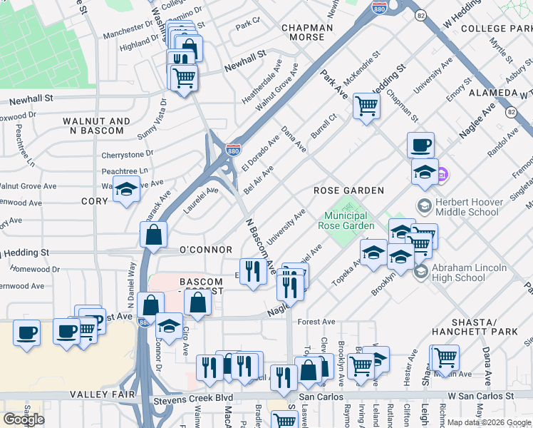 map of restaurants, bars, coffee shops, grocery stores, and more near 1905 University Way in San Jose