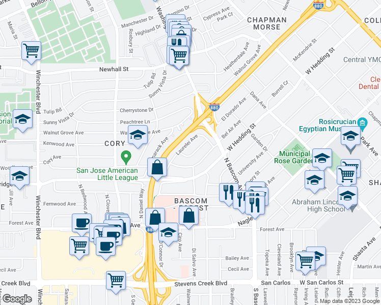 map of restaurants, bars, coffee shops, grocery stores, and more near 2087 Lynwood Terrace in San Jose