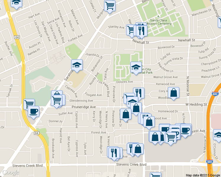 map of restaurants, bars, coffee shops, grocery stores, and more near 348 Pineview Drive in Santa Clara