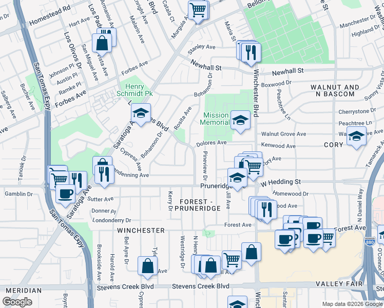 map of restaurants, bars, coffee shops, grocery stores, and more near 2318 Talia Avenue in Santa Clara