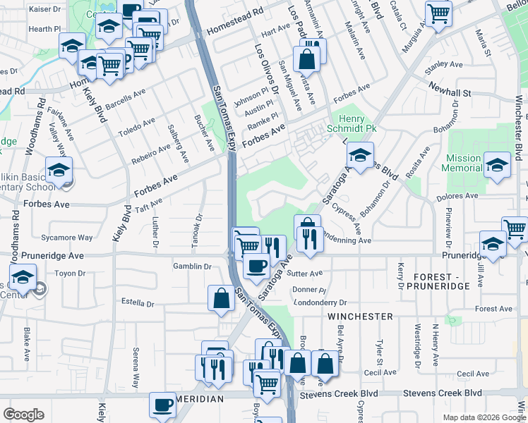 map of restaurants, bars, coffee shops, grocery stores, and more near 2492 Golf Links Circle in Santa Clara