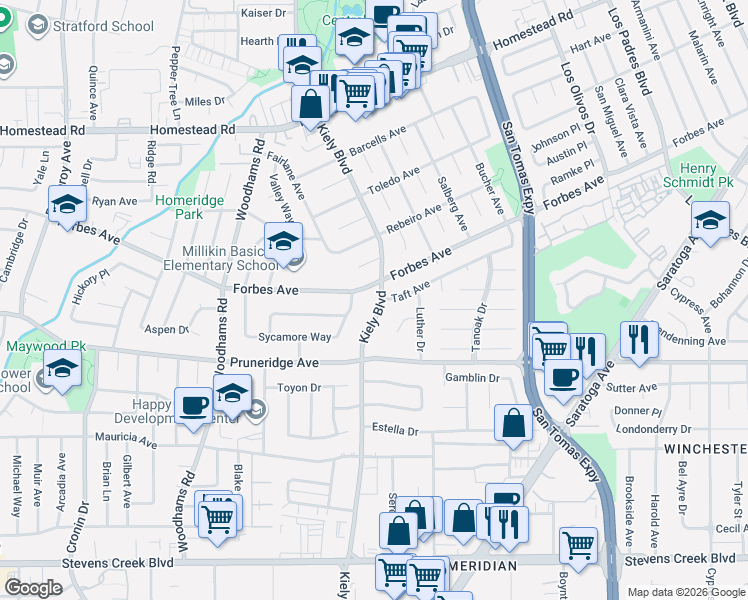 map of restaurants, bars, coffee shops, grocery stores, and more near 500 Kiely Boulevard in Santa Clara