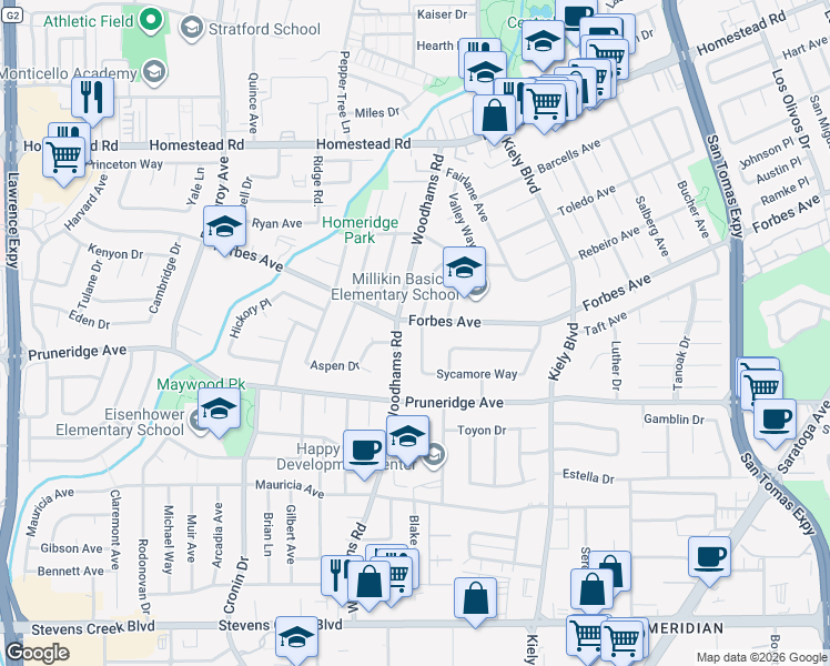 map of restaurants, bars, coffee shops, grocery stores, and more near 528 Bancroft Street in Santa Clara