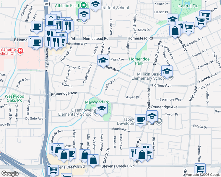 map of restaurants, bars, coffee shops, grocery stores, and more near 3175 Temple Court in Santa Clara