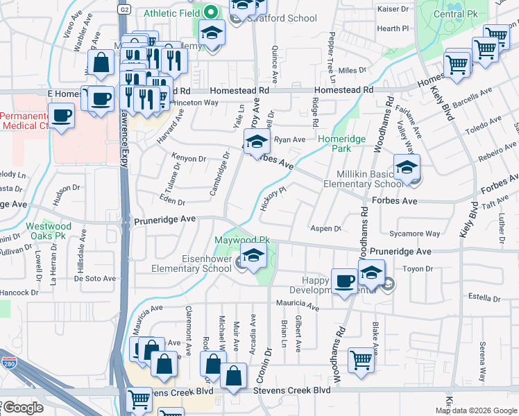 map of restaurants, bars, coffee shops, grocery stores, and more near 504 Hickory Place in Santa Clara