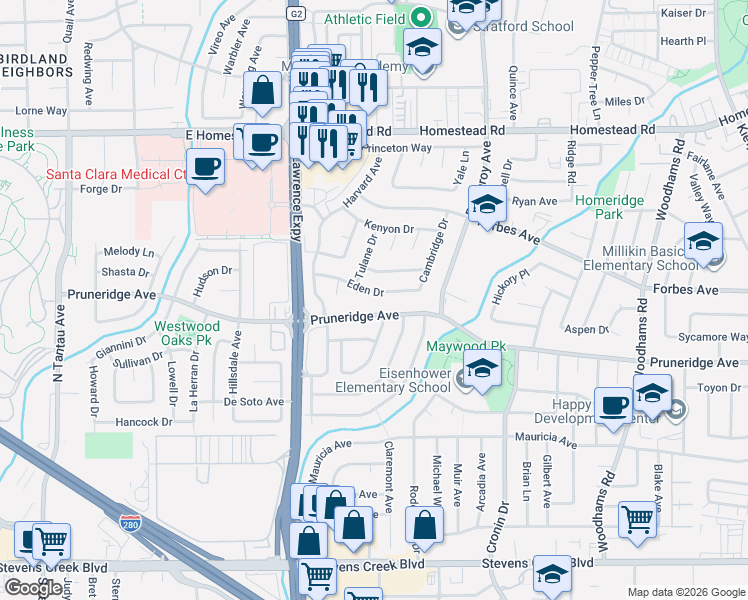 map of restaurants, bars, coffee shops, grocery stores, and more near 3470 Eden Drive in Santa Clara