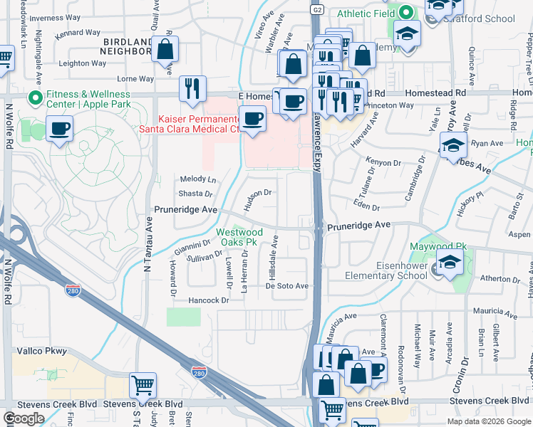 map of restaurants, bars, coffee shops, grocery stores, and more near 551 Hillsdale Avenue in Santa Clara