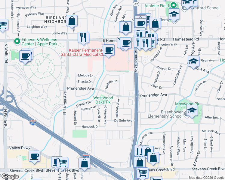 map of restaurants, bars, coffee shops, grocery stores, and more near 3755 Pruneridge Avenue in Santa Clara