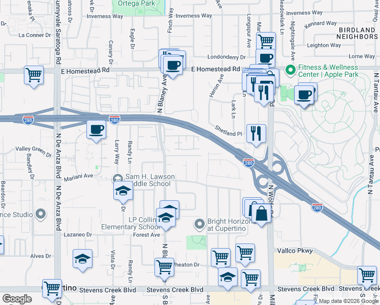 map of restaurants, bars, coffee shops, grocery stores, and more near 19847 Beekman Place in Cupertino