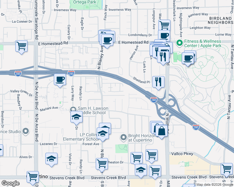 map of restaurants, bars, coffee shops, grocery stores, and more near 19847 Beekman Place in Cupertino