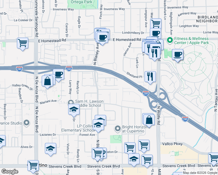 map of restaurants, bars, coffee shops, grocery stores, and more near 19937 Beekman Place in Cupertino
