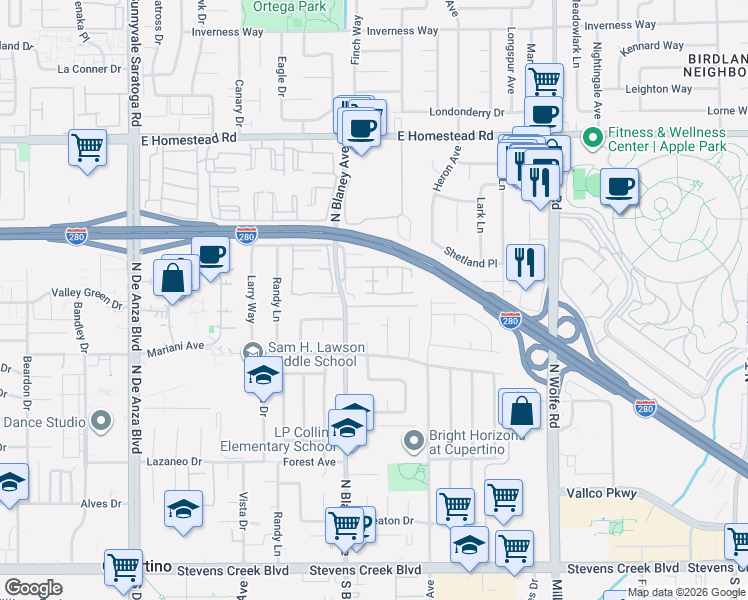 map of restaurants, bars, coffee shops, grocery stores, and more near 19937 Beekman Place in Cupertino
