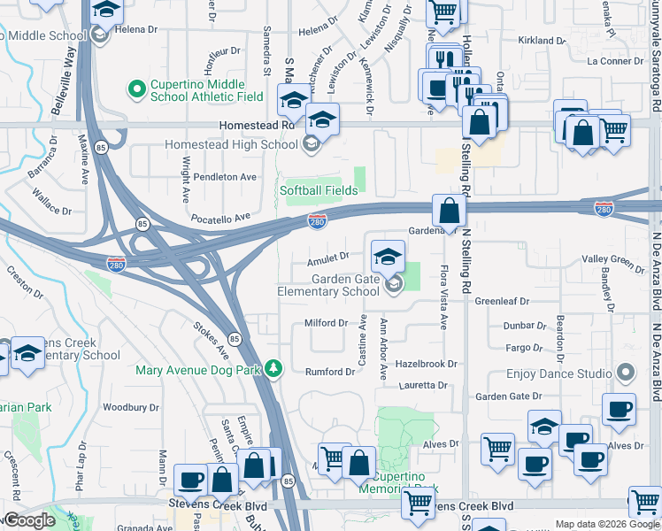 map of restaurants, bars, coffee shops, grocery stores, and more near 21327 Meteor Drive in Cupertino