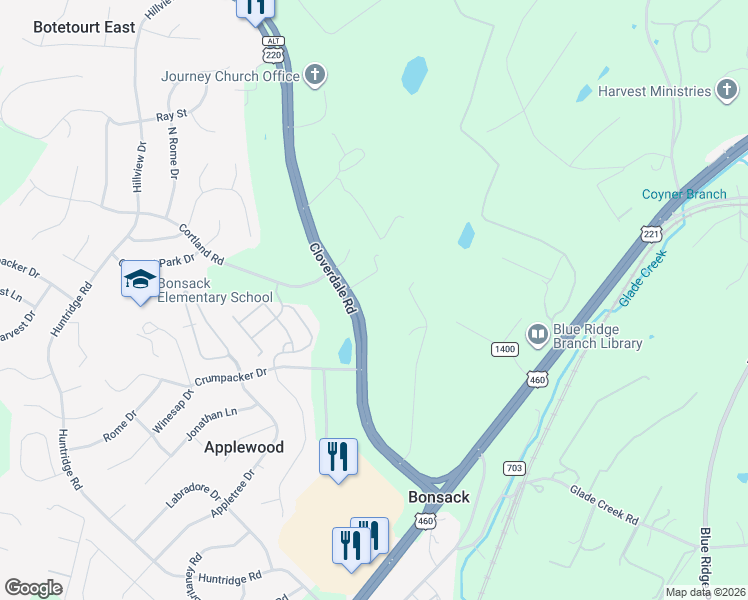map of restaurants, bars, coffee shops, grocery stores, and more near 5188 Cloverdale Road in Roanoke