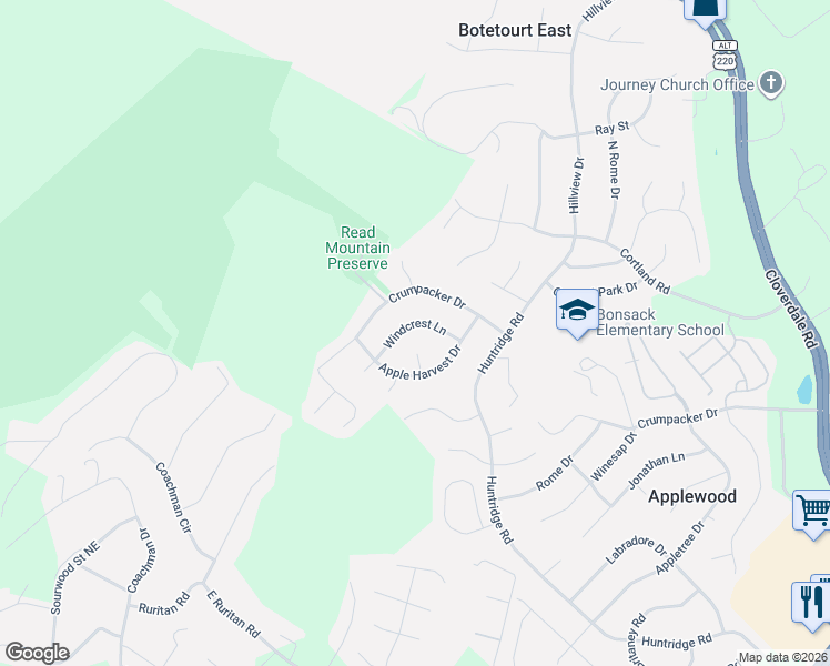 map of restaurants, bars, coffee shops, grocery stores, and more near 5926 Windcrest Ln in Roanoke