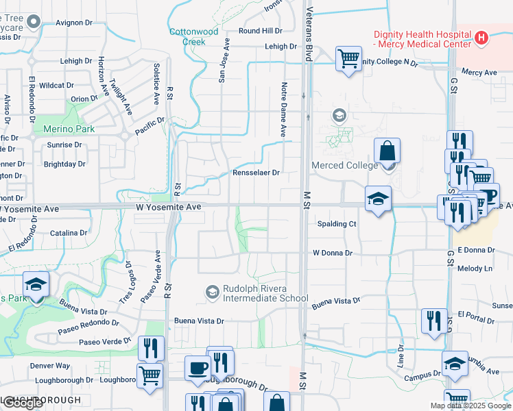 map of restaurants, bars, coffee shops, grocery stores, and more near 734 West Yosemite Avenue in Merced