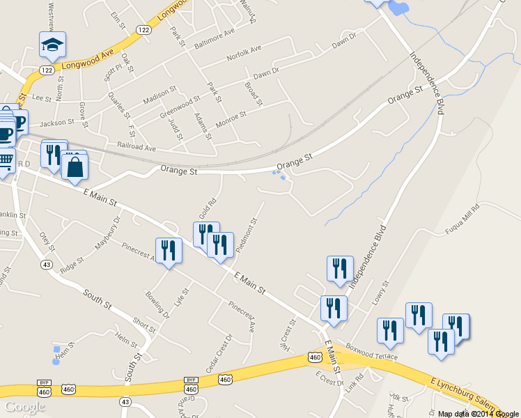 map of restaurants, bars, coffee shops, grocery stores, and more near 1040 Piedmont Street in Bedford
