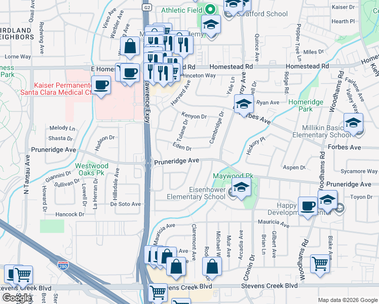 map of restaurants, bars, coffee shops, grocery stores, and more near 3470 Eden Drive in Santa Clara