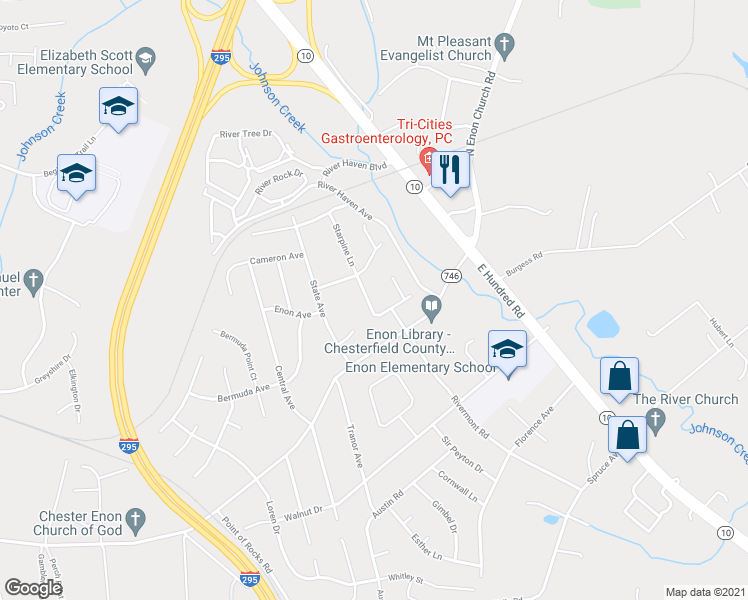 map of restaurants, bars, coffee shops, grocery stores, and more near 14213 Starpine Lane in Chester