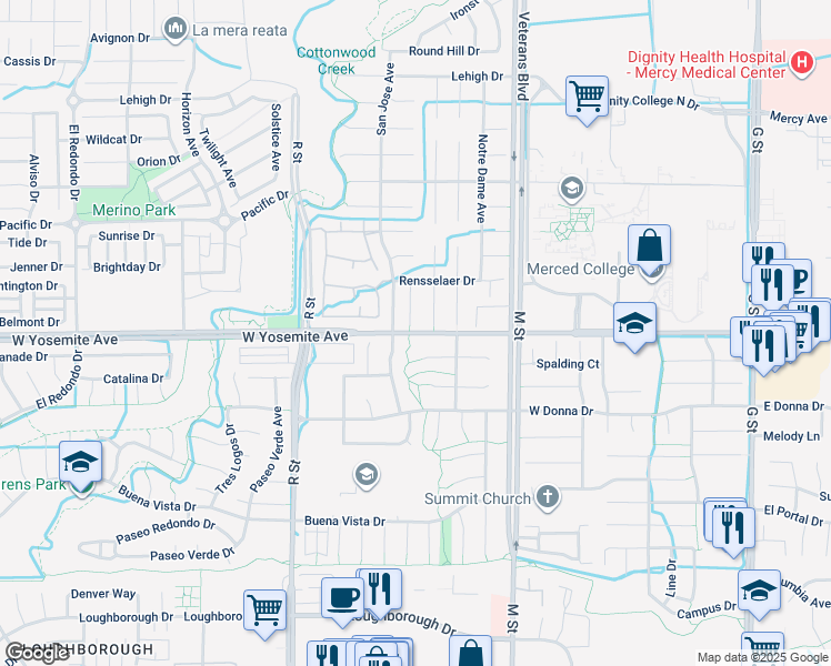 map of restaurants, bars, coffee shops, grocery stores, and more near 764 West Yosemite Avenue in Merced