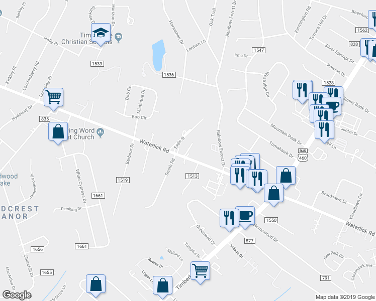map of restaurants, bars, coffee shops, grocery stores, and more near Waterlick Road in Forest