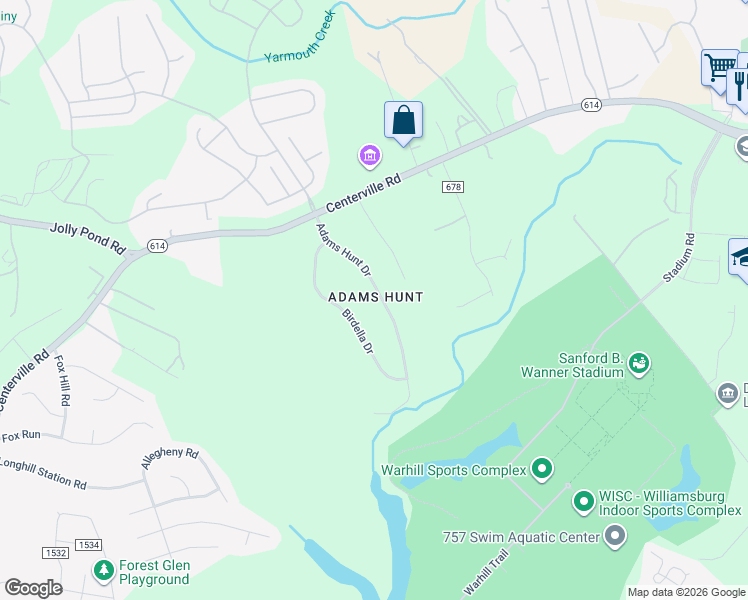 map of restaurants, bars, coffee shops, grocery stores, and more near 6244 Adams Hunt Drive in Williamsburg