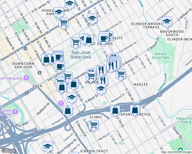 map of restaurants, bars, coffee shops, grocery stores, and more near 325 East William Street in San Jose