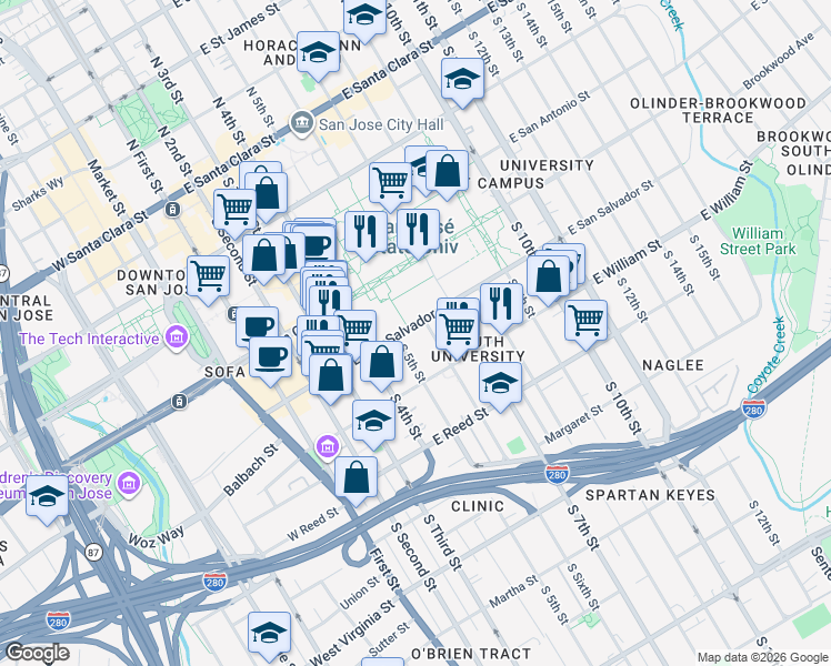 map of restaurants, bars, coffee shops, grocery stores, and more near 230 East San Salvador Street in San Jose