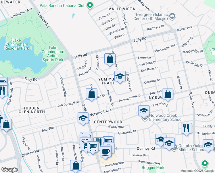 map of restaurants, bars, coffee shops, grocery stores, and more near 2666 Gumdrop Drive in San Jose
