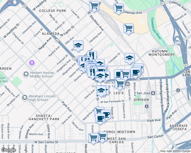 map of restaurants, bars, coffee shops, grocery stores, and more near 1250 The Alameda in San Jose