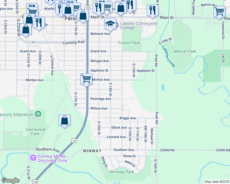 map of restaurants, bars, coffee shops, grocery stores, and more near 900-950 S 14th St in Parsons
