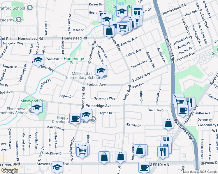 map of restaurants, bars, coffee shops, grocery stores, and more near 2850 Forbes Ave in Santa Clara