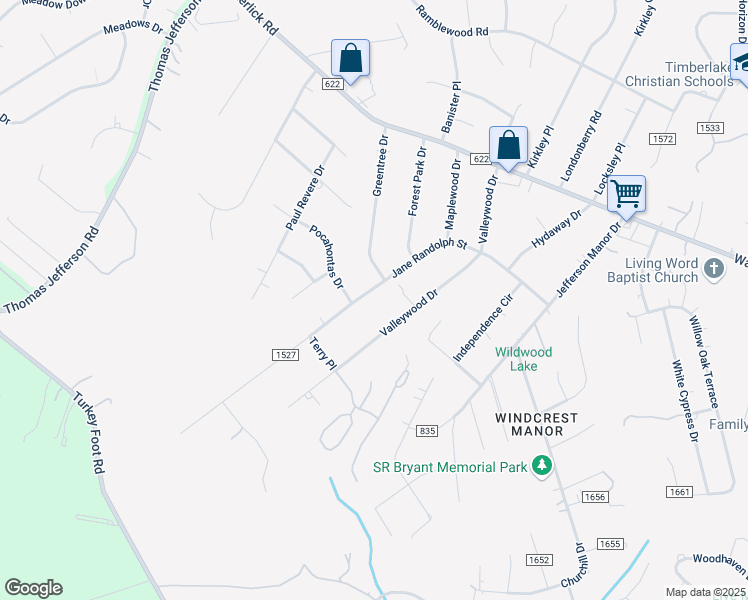 map of restaurants, bars, coffee shops, grocery stores, and more near 204 Jane Randolph Street in Forest