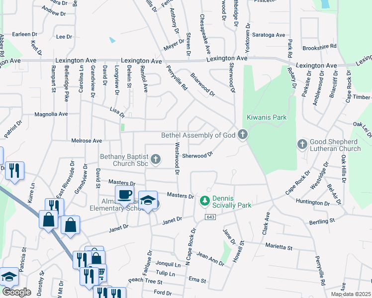 map of restaurants, bars, coffee shops, grocery stores, and more near 1811 West Weissinger Lane in Cape Girardeau