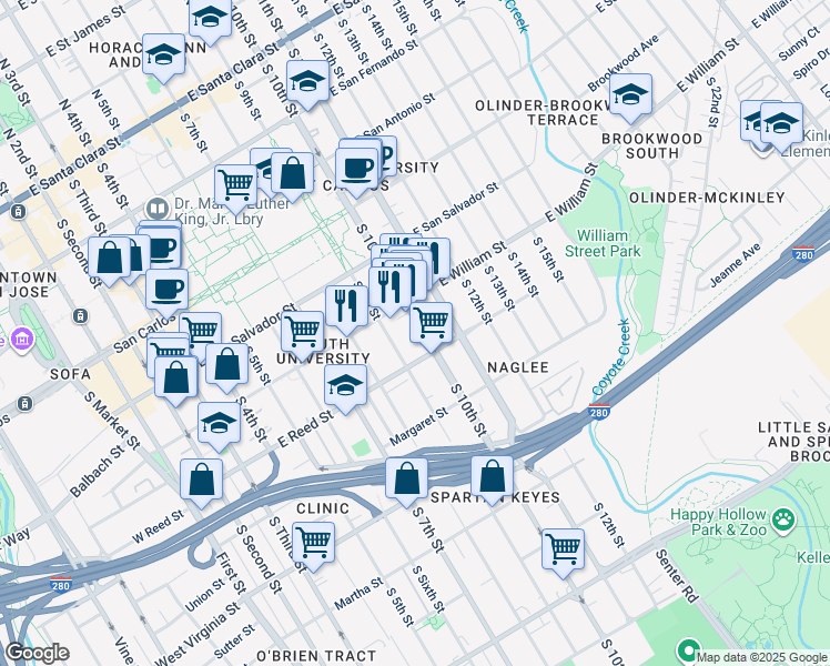 map of restaurants, bars, coffee shops, grocery stores, and more near 585 South 10th Street in San Jose